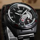 Ceas barbatesc sport, marca Winner, bratara negra din otel inoxidabil, rezistent la apa 3bar, mecanism automatic-mecanic, cu calendar + cutie cadou