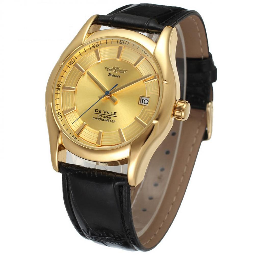 Ceas barbatesc Winner, carcasa din aliaj de culoare galbena, curea din piele naturala autentica neagra, rezistent la apa 3bar, calendar, mecanism automatic-mecanic, rezistent la zgarieturi