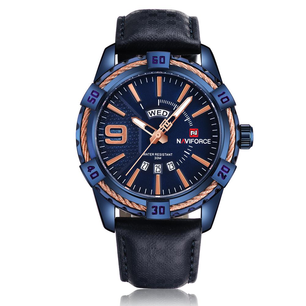 Ceas Naviforce barbatesc albastru, mecanism Quartz, curea din piele albastra, rezistent la apa 3Bar, rezsistent la zgarieturi, stil business + cutie cadou