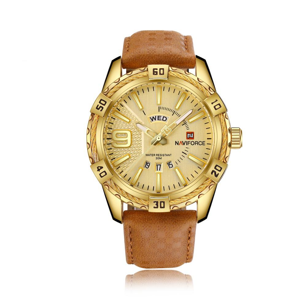 Ceas Naviforce barbatesc Gold, mecanism Quartz, curea din piele maro, rezistent la apa 3Bar si la zgarieturi, stil business + cutie cadou