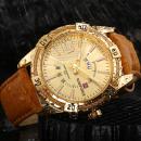 Ceas Naviforce barbatesc Gold, mecanism Quartz, curea din piele maro, rezistent la apa 3Bar si la zgarieturi, stil business + cutie cadou