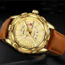 Ceas Naviforce barbatesc Gold, mecanism Quartz, curea din piele maro, rezistent la apa 3Bar si la zgarieturi, stil business + cutie cadou