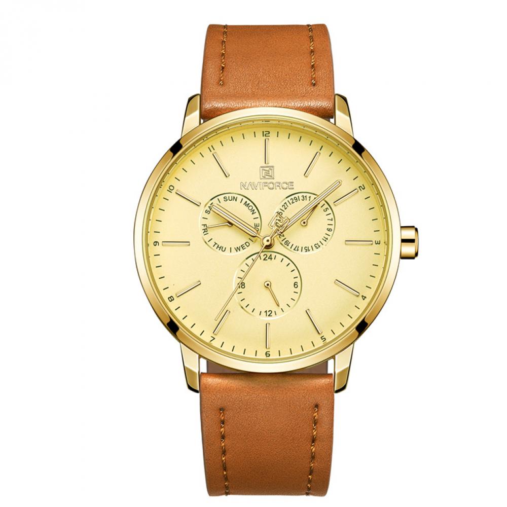 Ceas Naviforce Gold, mecanism Quartz, rezistent la apa 3ATM, curea din piele maro autentica, stil Fashion + cutie cadou