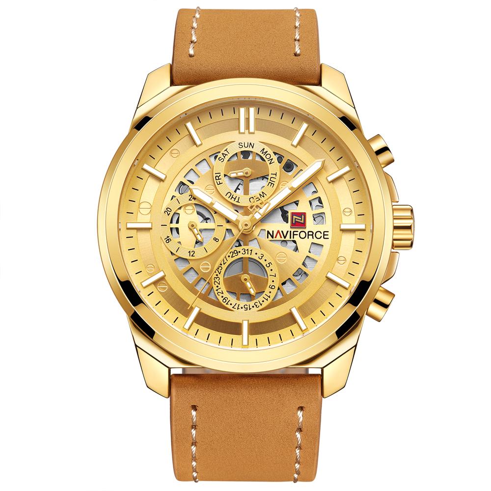 Ceas Naviforce Gold, mecanism Quartz, rezistent la apa 3ATM, curea din piele maro, stil Fashion + cutie cadou