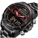 Ceas Naviforce, mecanism Quartz, rezistent la apa 3ATM, curea otel inoxidabil negra, afisaj digital si analogic, stil Sport + cutie cadou
