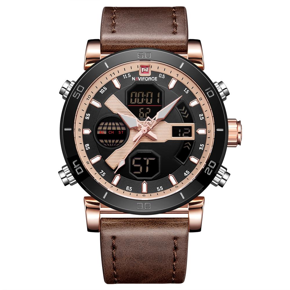 Ceas Naviforce, mecanism Quartz, rezistent la apa 3Bar, curea din piele maro, afisaj digital si analogic, stil Fashion + cutie cadou