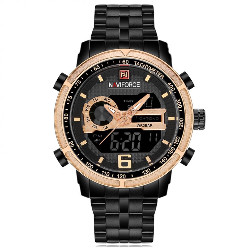 Ceas Naviforce, rezistent la apa 3Bar, mecanism Quartz, curea din otel inoxidabil, afisaj analogic si digital, stil Sport + cutie cadou