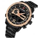 Ceas Naviforce, rezistent la apa 3Bar, mecanism Quartz, curea din otel inoxidabil, afisaj analogic si digital, stil Sport + cutie cadou