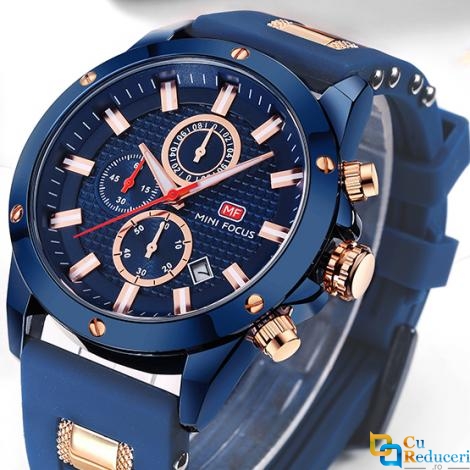 Ceas Mini Focus albastru, rezistent la apa 3Bar, mecanism Quartz, curea din silicon, afisaj analogic, calendar complet, stil Sport + cutie cadou