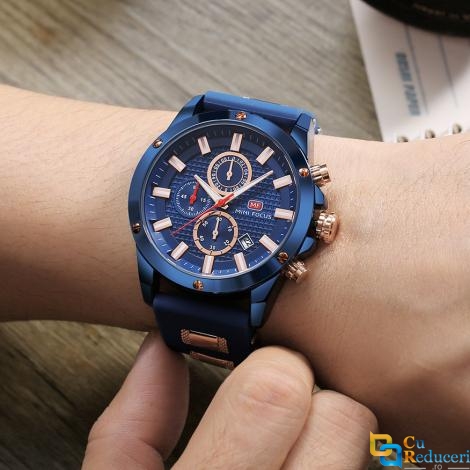 Ceas Mini Focus albastru, rezistent la apa 3Bar, mecanism Quartz, curea din silicon, afisaj analogic, calendar complet, stil Sport + cutie cadou