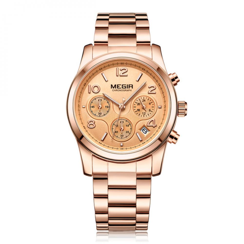 Ceas de dama Megir, rezistent la apa 3Bar, mecanism Quartz, curea din otel inoxidabil, afisaj analogic, stil Fashion + cutie cadou