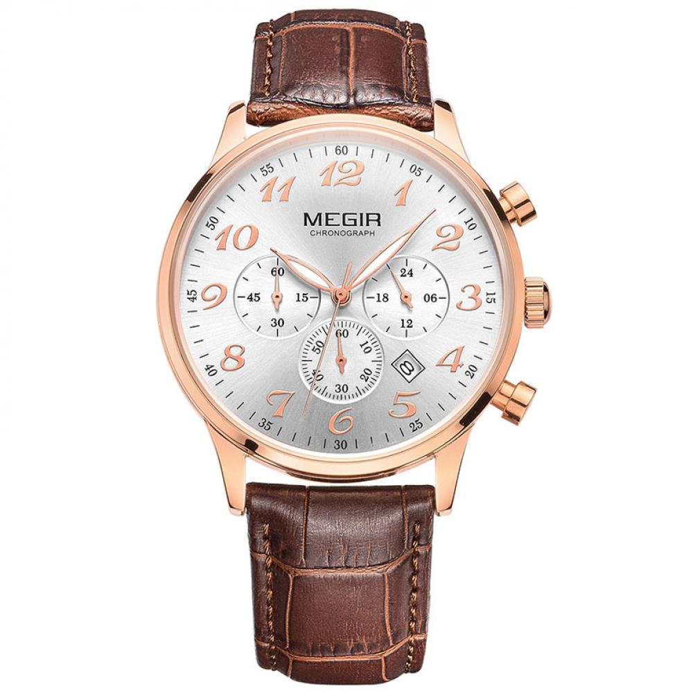 Ceas Megir barbatesc, rezistent la apa 3Bar, mecanism Quartz, curea din piele, cronograf, calendar complet, afisaj analogic, stil Fashion + cutie cadou