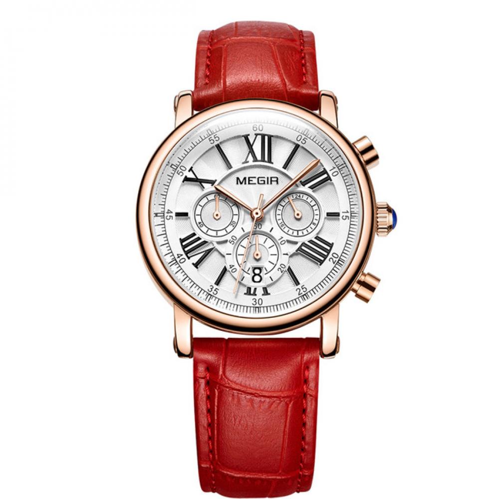 Ceas de dama Megir, rezistent la apa 3Bar, mecanism Quartz, curea din piele, afisaj analogic, calendar complet, stil Fashion + cutie cadou