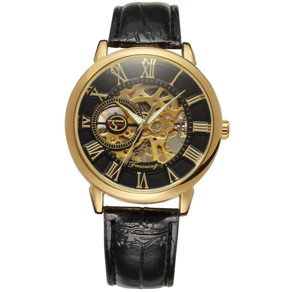 Ceas barbatesc Forsining, schelet, curea din piele neagra, mecanism automatic-mecanic, stil Fashion + cutie cadou