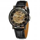 Ceas barbatesc Winner, schelet auriu, curea din piele neagra, mecanism automatic-mecanic, stil Fashion + cutie cadou
