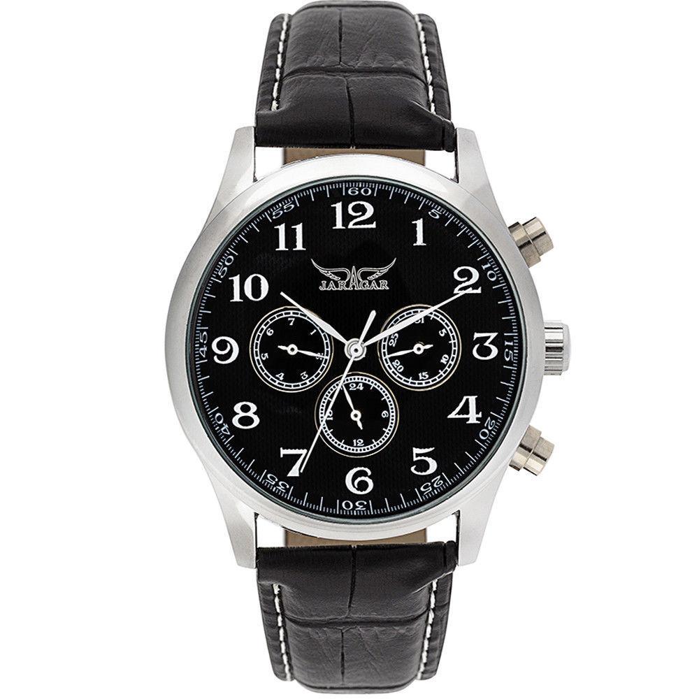 Ceas barbatesc Jaragar automatic,  curea din piele neagra, stil Fashion + cutie cadou