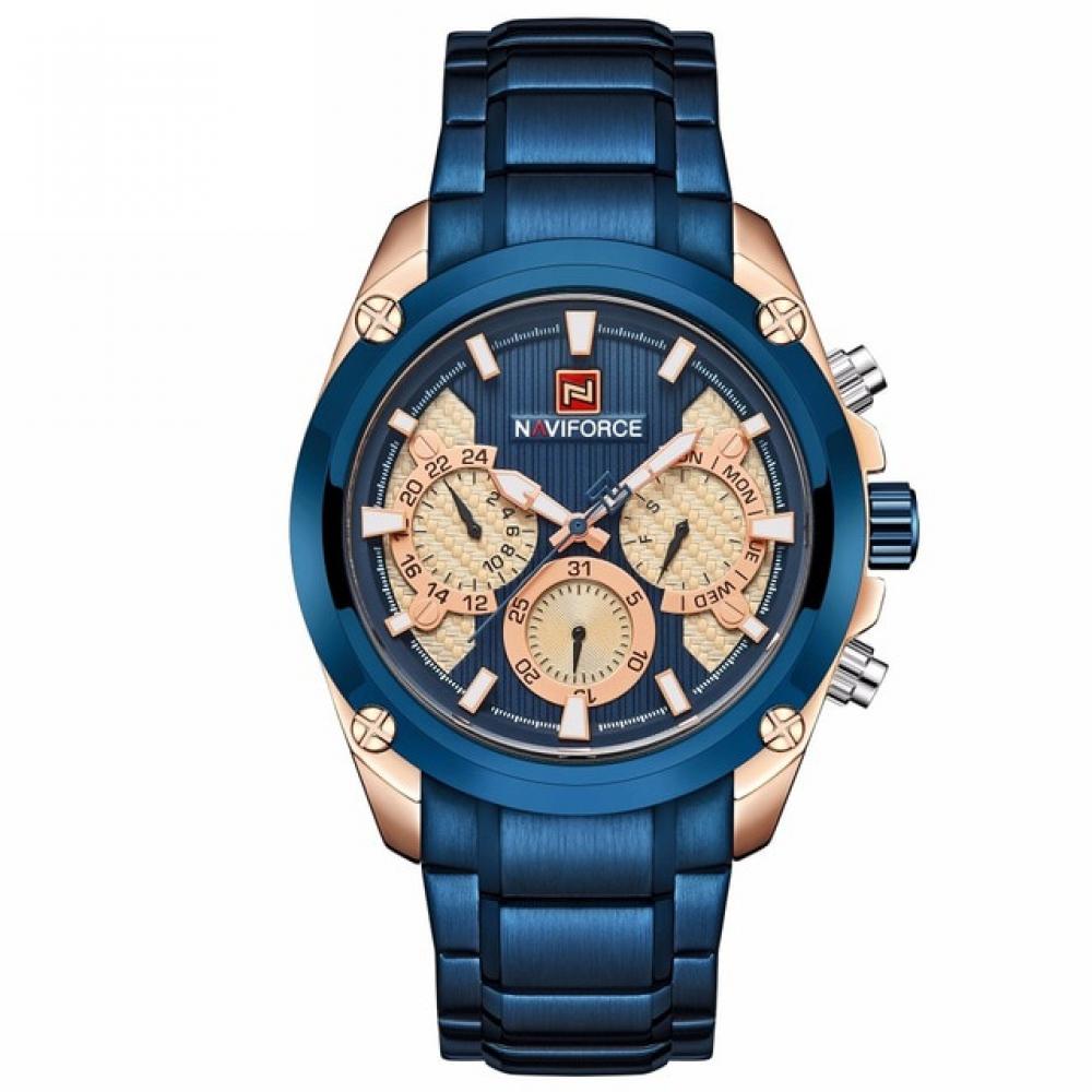 Ceas barbatesc Naviforce din otel inoxidabil, mecanism Quartz, rezistent la apa 3Bar, calendar complet, stil Sport + cutie cadou