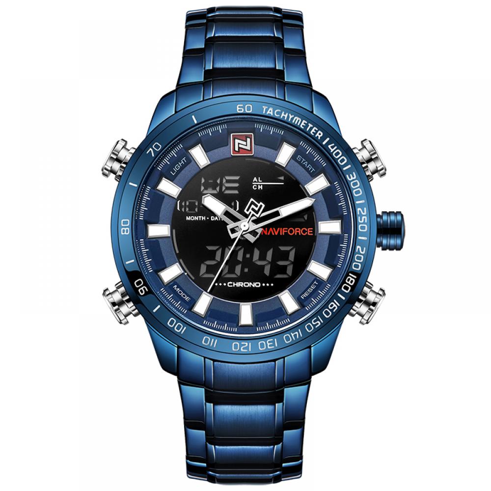 Ceas barbatesc Naviforce din otel inoxidabil albastru, mecanism Quartz, rezistent la apa 3Bar, afisaj analogic si digital, stil Sport + cutie cadou
