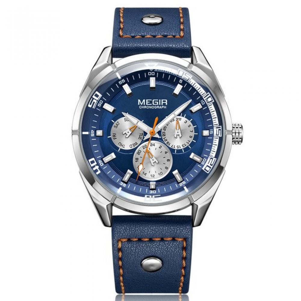 Ceas Megir, rezistent la apa 3Bar, mecanism Quartz, curea din piele albastra, afisaj analogic, calendar complet, stil Business + cutie cadou