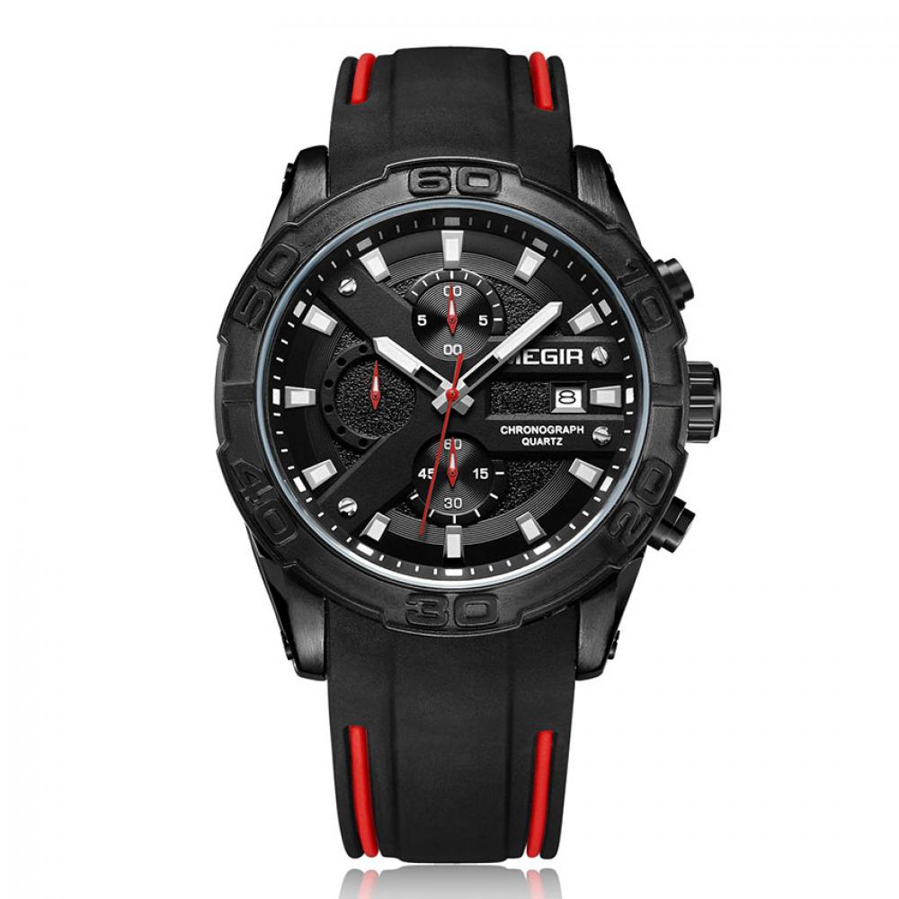 Ceas Megir, rezistent la apa 3Bar, mecanism Quartz, curea din silicon, afisaj analogic, calendar complet, stil Fashion + cutie cadou
