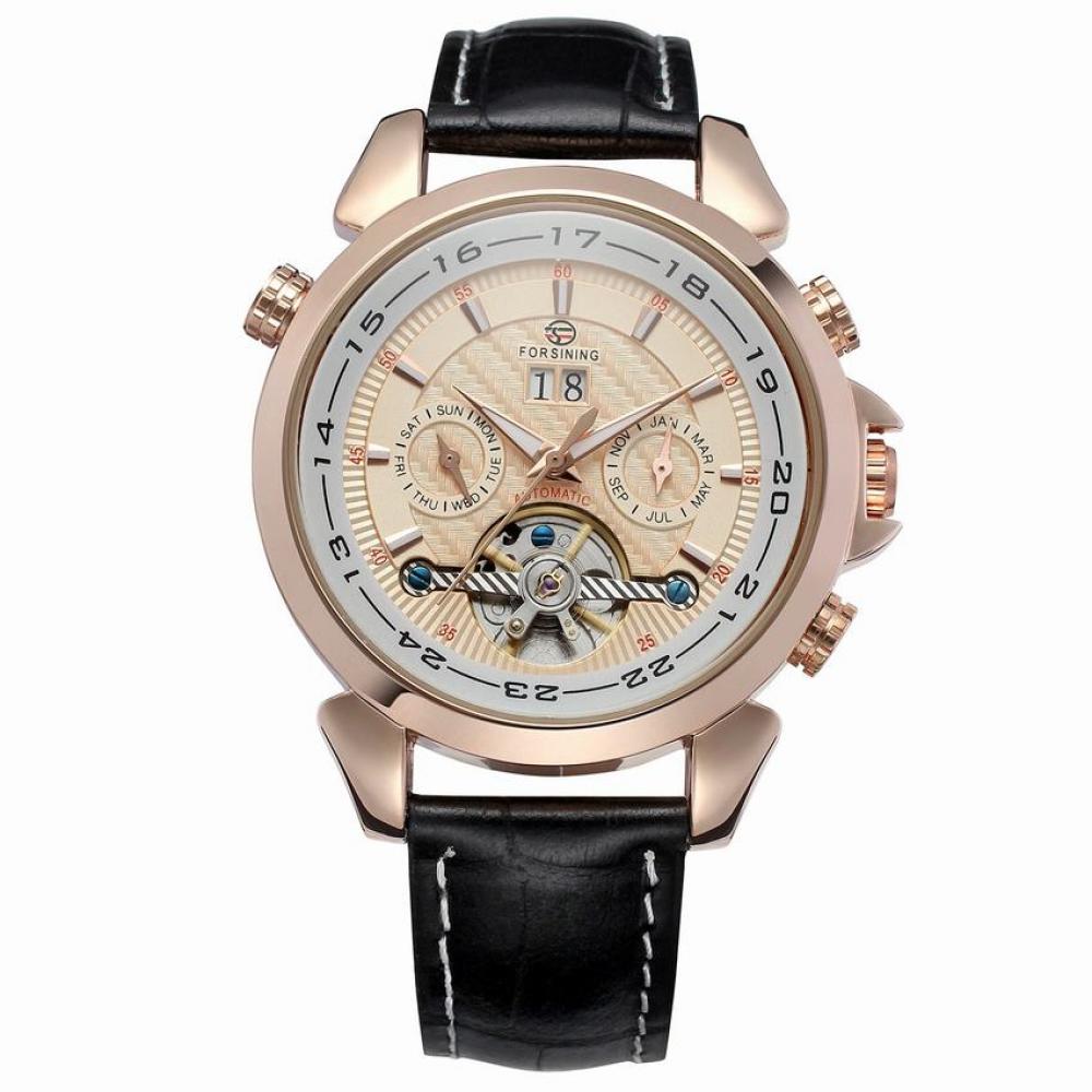 Ceas Forsining, curea din piele neagra, calendar complet, mecanism automatic cu Tourbillon, stil Fashion + cutie cadou