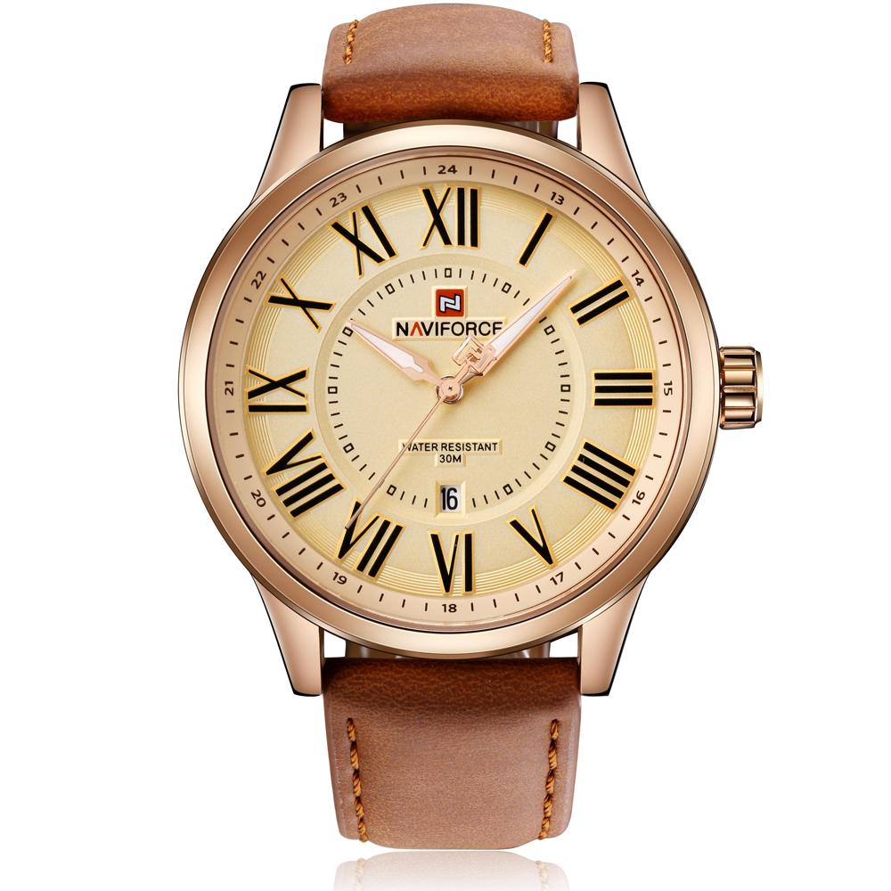 Ceas Naviforce barbatesc Gold, mecanism Quartz, curea din piele maro, rezistent la apa 3ATM(30m), calendar, stil Fashion + cutie cadou