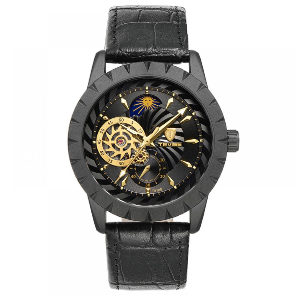 Ceas barbatesc Tevise negru, mecanism automatic, cu Tourbillon si Moon Phase, bratara din piele, stil Business + cutie cadou