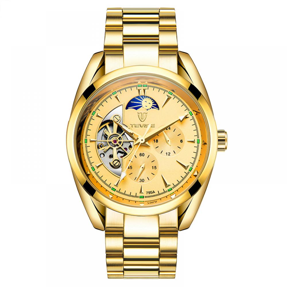 Ceas barbatesc Tevise auriu, mecanism automatic, cu Tourbillon si Moon Phase, bratara din otel inoxidabil, rezistent la apa 3ATM + cutie cadou