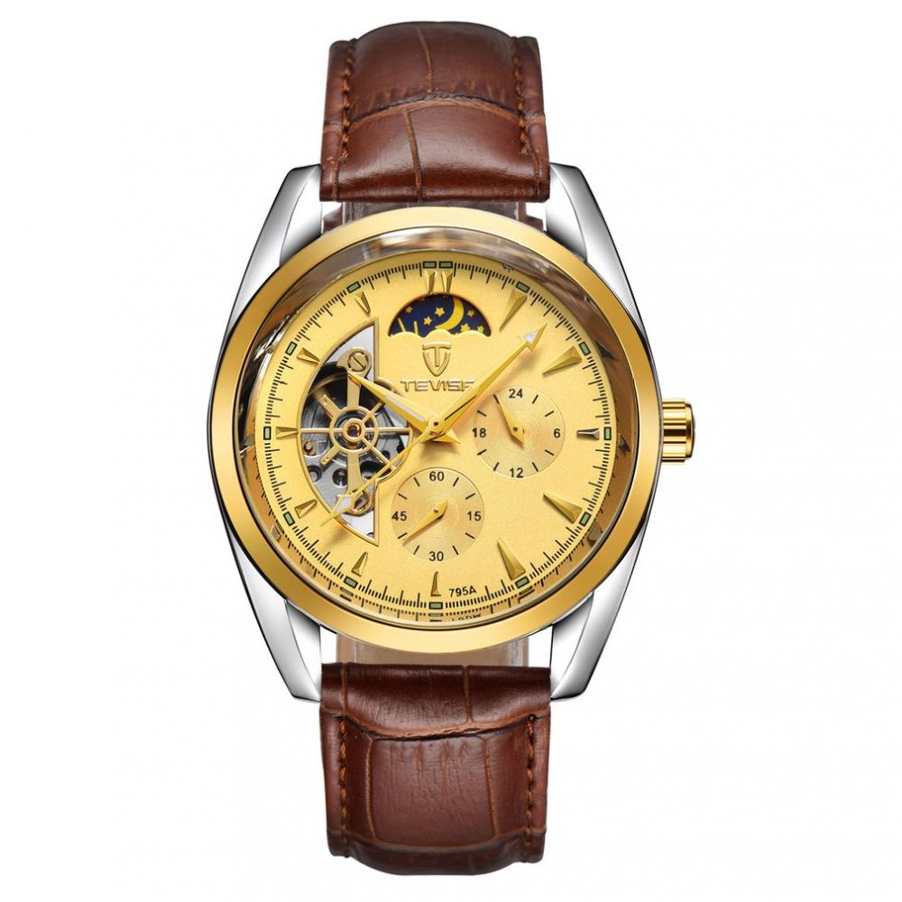 Ceas barbatesc Tevise, mecanism automatic, cu Tourbillon si Moon Phase, bratara din piele, rezistent la apa 3ATM + cutie cadou