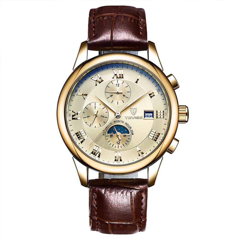 Ceas barbatesc Tevise, mecanism automatic, cu Moon Phase si calendar complet, bratara din piele, rezistent la apa 3ATM + cutie cadou