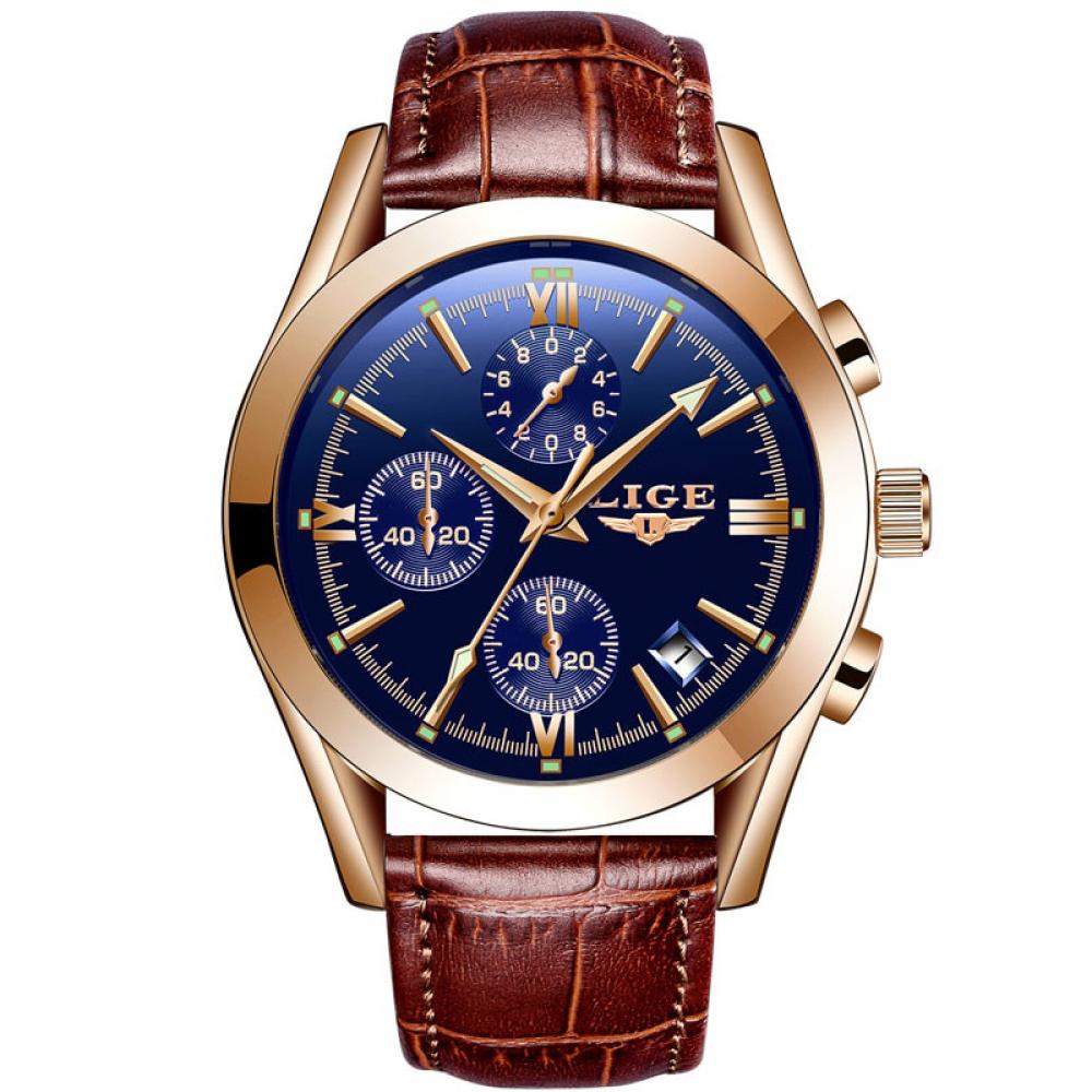 Ceas barbatesc Lige, mecanism Quartz, curea din piele maro, rezistent la apa 3ATM(30m), calendar, chronograph, stil Business