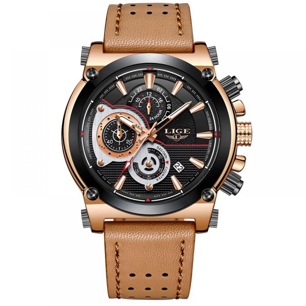 Ceas barbatesc Lige, mecanism Quartz, curea din piele maro, rezistent la apa 3ATM(30m), calendar, chronograph, stil Sport