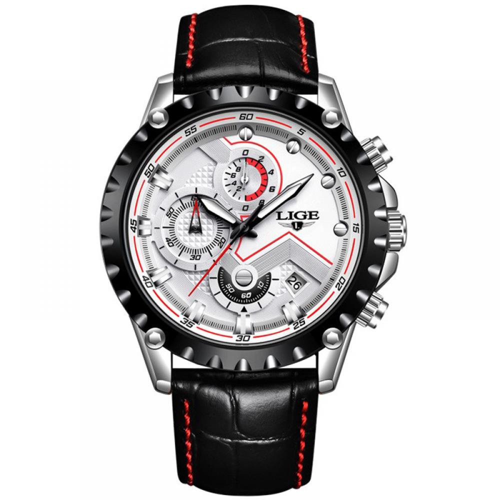 Ceas barbatesc Lige, mecanism Quartz, curea din piele neagra, rezistent la apa 3ATM(30m), calendar, chronograph, stil Sport