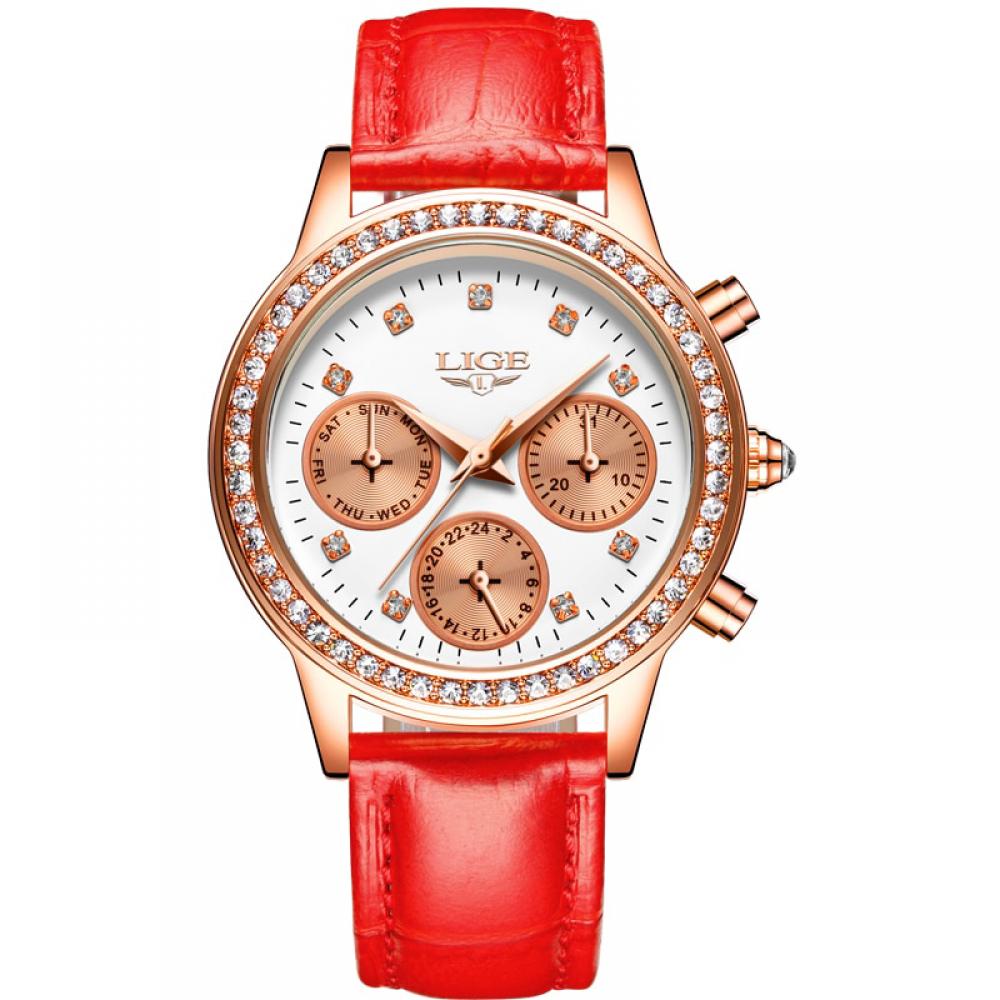 Ceas de dama Lige, mecanism Quartz, curea din piele de culoare rosie, rezistent la apa 3ATM(30m), calendar complet, stil Fashion