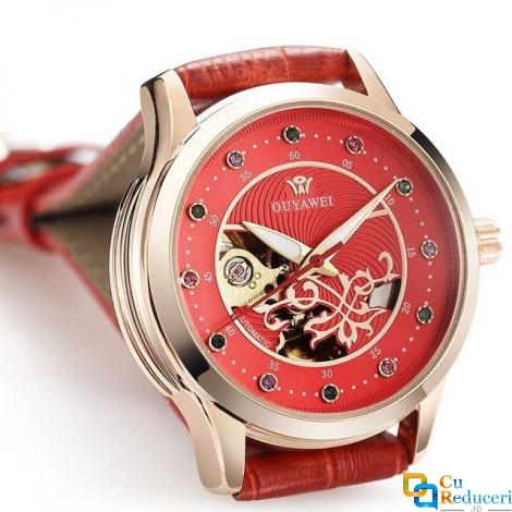 Ceas de dama OUYAWEI, mecanism automatic, curea din piele de culoare rosie, rezistent la apa 3ATM(30m), stil Fashion