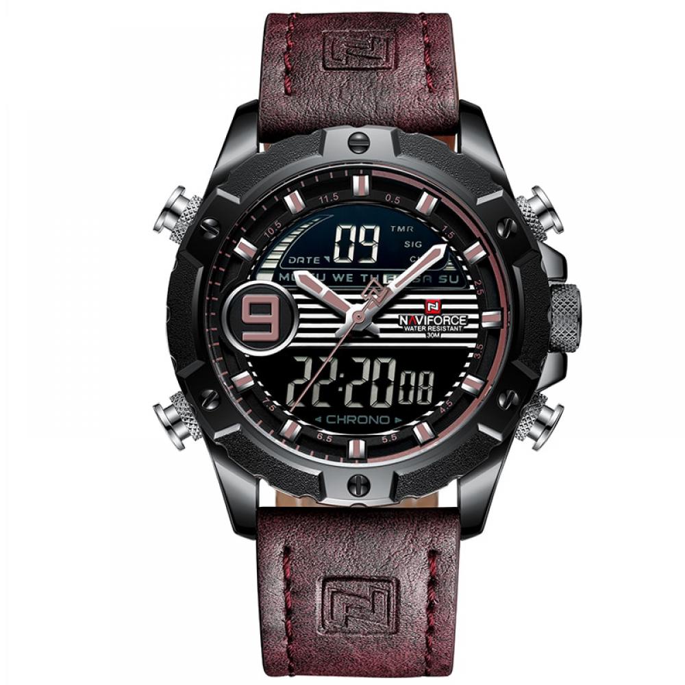 Ceas barbatesc Naviforce Sport, mecanism Quartz, curea din piele maro, rezistent la apa 3ATM(30m), calendar, alarma, afisaj digital si analogic
