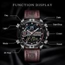 Ceas barbatesc Naviforce Sport, mecanism Quartz, curea din piele maro, rezistent la apa 3ATM(30m), calendar, alarma, afisaj digital si analogic