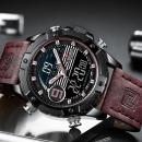 Ceas barbatesc Naviforce Sport, mecanism Quartz, curea din piele maro, rezistent la apa 3ATM(30m), calendar, alarma, afisaj digital si analogic