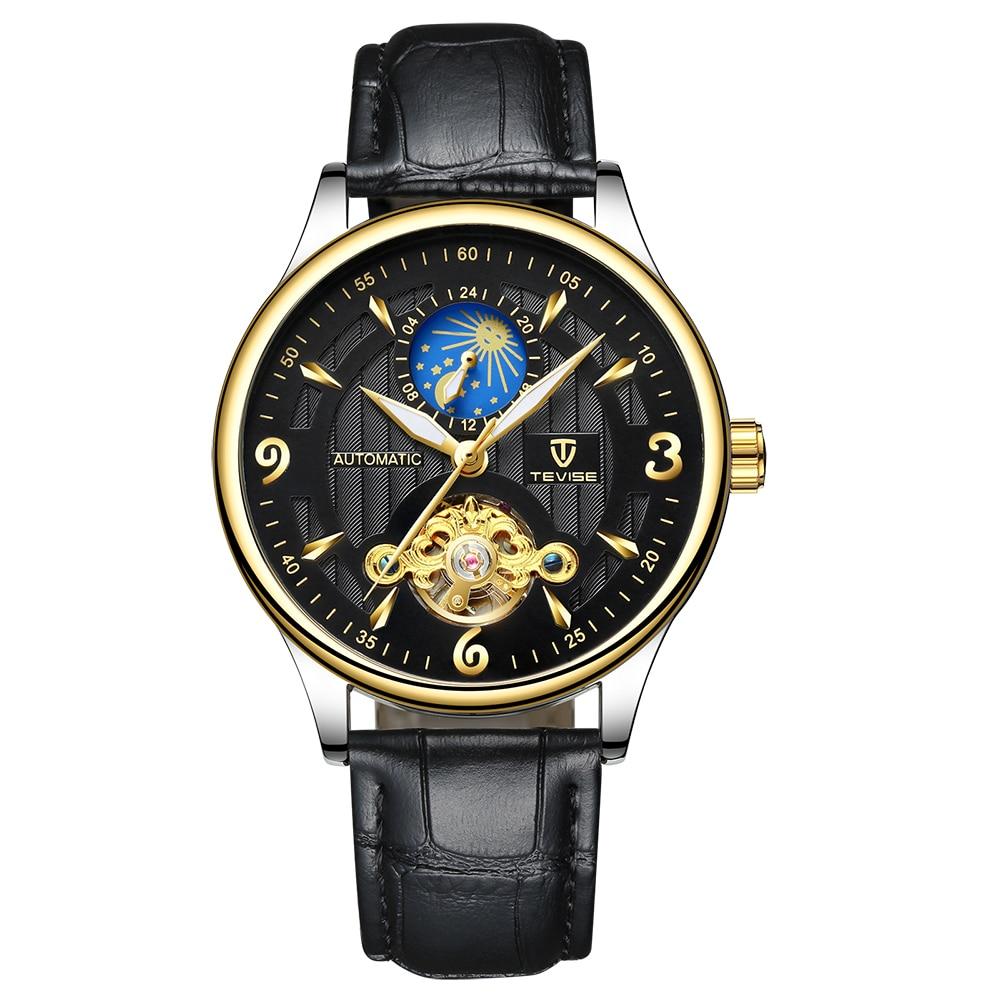 Ceas barbatesc Tevise, mecanism automatic cu Moon Phase, bratara din piele de culoare neagra, rezistent la apa 3ATM + cutie cadou
