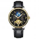 Ceas barbatesc Tevise, mecanism automatic cu Moon Phase, bratara din piele de culoare neagra, rezistent la apa 3ATM + cutie cadou