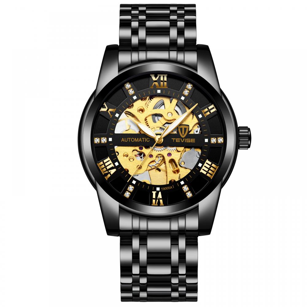 Ceas barbatesc Tevise, mecanism automatic, bratara din otel inoxidabil de culoare neagra, Skeleton, rezistent la apa 3ATM + cutie cadou