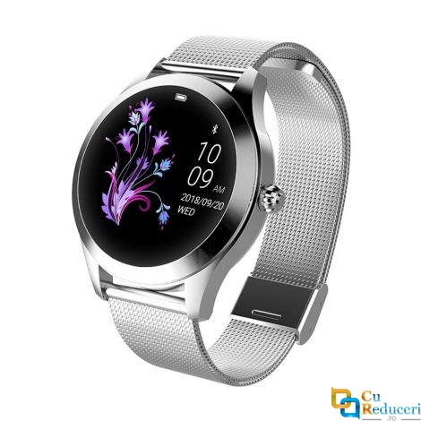 Ceas Smartwatch Kingwear KW10 argintiu, rezistent la apa IP68, 64KB Ram + 512KB ROM, display 1.04 inch TFT cu touch screen, rezolutie 240 * 198 pixeli, capacitate baterie 120mAh