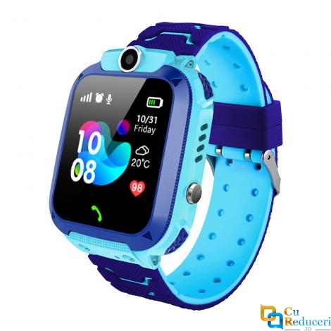 Ceas smartwatch Kingwear Q12 albastru, display 1.44inch TFT cu touch screen, rezolutie 128 x 128 pixeli, baterie 400mAh, memorie 32 M RAM + 32 M ROM, lanterna