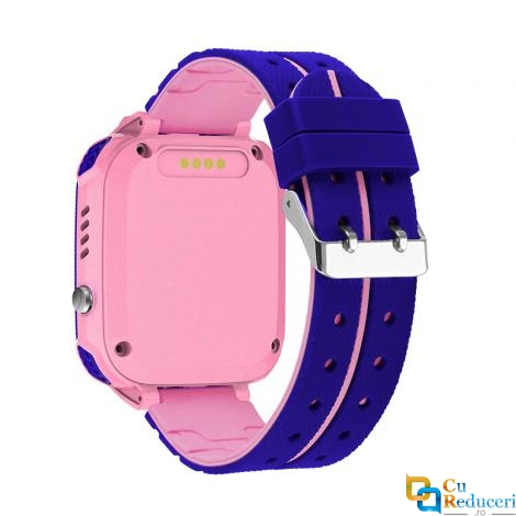 Ceas smartwatch Kingwear Q12 roz, display 1.44inch TFT cu touch screen, rezolutie 128 x 128 pixeli, baterie 400mAh, memorie 32 M RAM + 32 M ROM, lanterna
