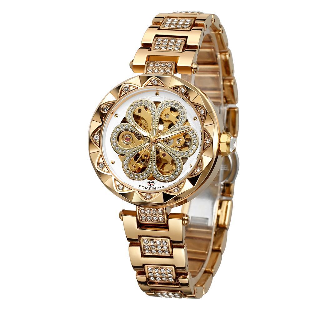 Ceas de dama, Forsining schelet automatic, Gold, bratara din otel inoxidabil, rezistent la zgarieturi, stil fashion + cutie cadou