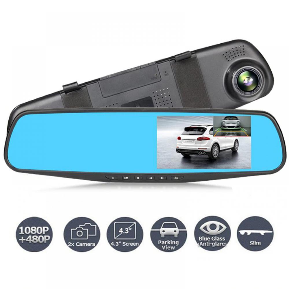 Camera auto oglinda retrovizoare DVR, neagra, 4.3 inch TFT HD, inregistrare dubla 30fps, unghi 170 grade, rezolutie video 1080P