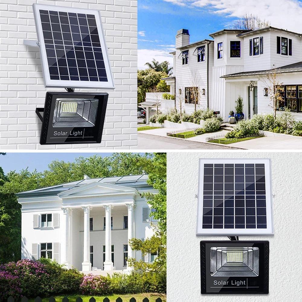 Set Proiector cu 106 LED SMD putere de 60W + panou Solar 10W 35x23.5cm + telecomanda cu functii multiple + baterii incluse, rezistent la apa IP66, negru