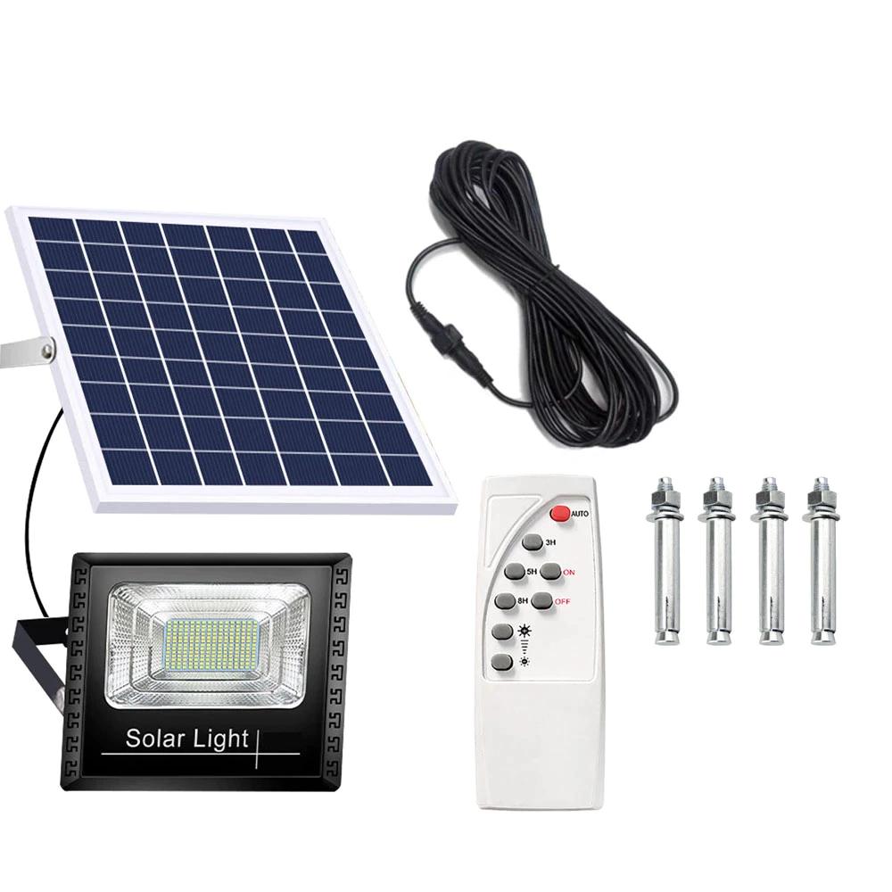 Set Proiector puternic cu 163 LED SMD putere de 100W + panou solar 15W 45x35cm + telecomanda cu functii multiple + baterii incluse, rezistent la apa IP66, negru