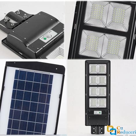 Lampa solara stradala dubla 120W, 432 Led-uri SMD, panou solar, acumulator, senzor de miscare si lumina, telecomanda, brat montare, baterii toate incluse