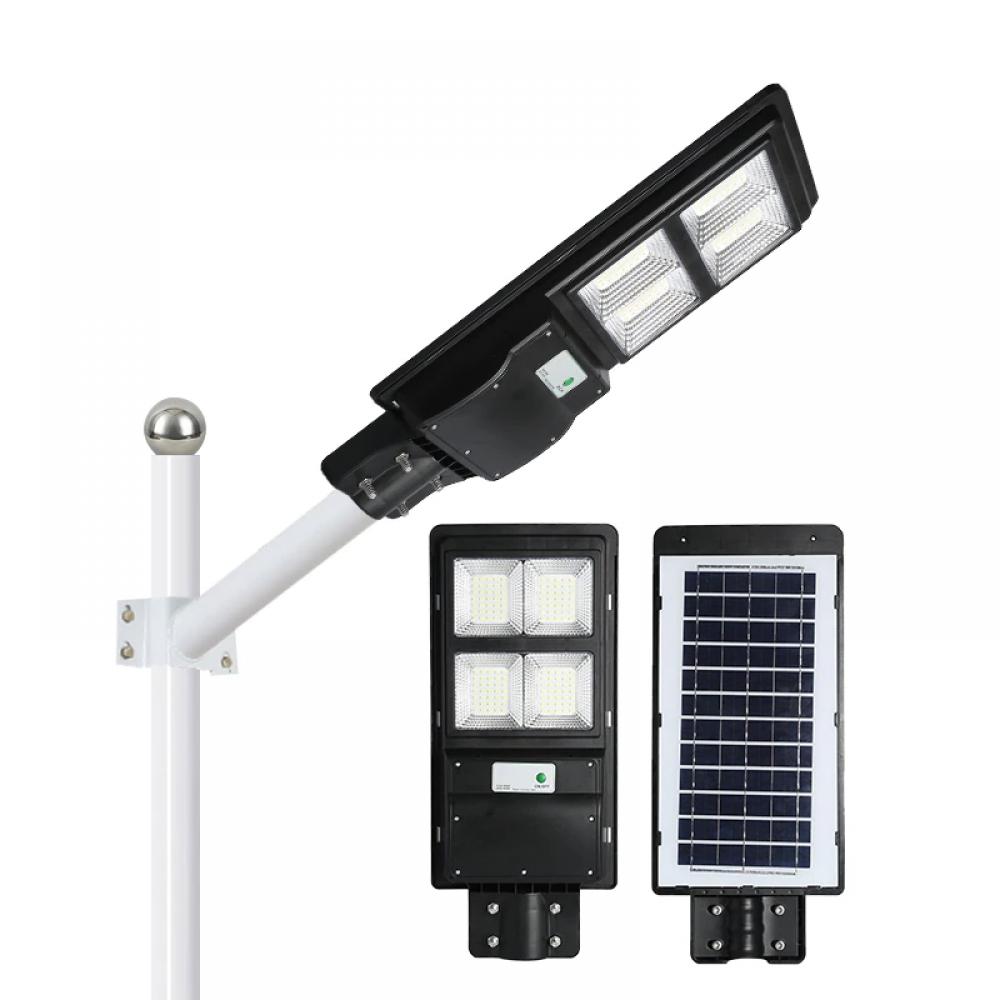 Lampa solara stradala dubla 60W, 216 Led-uri SMD, panou solar, acumulator, senzor de miscare si lumina, telecomanda, brat montare, baterii toate incluse